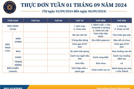 Thực đơn tuần 01 tháng 9 năm 2024