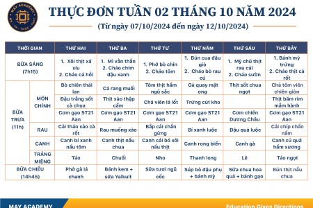 Thực đơn tuần 02 tháng 10 năm 2024