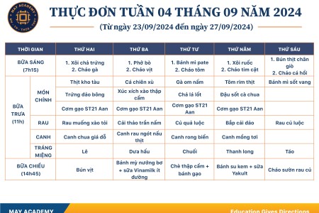 Thực đơn tuần 04 tháng 9 năm 2024