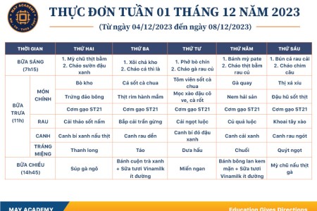 Thực đơn tuần 01 tháng 12 năm 2023