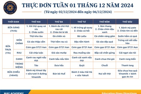 Thực đơn tuần 01 tháng 12 năm 2024