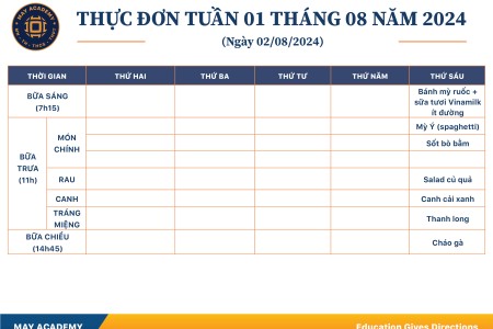 Thực đơn tuần 01 tháng 8 năm 2024