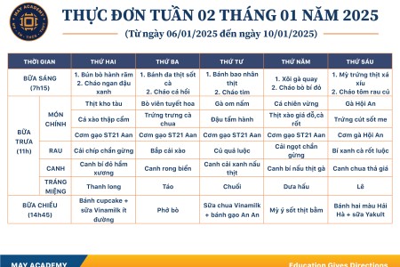 Thực đơn tuần 02 tháng 01 năm 2025