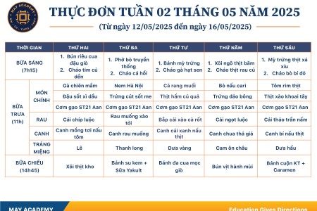 Thực đơn tuần 02 tháng 05 năm 2025