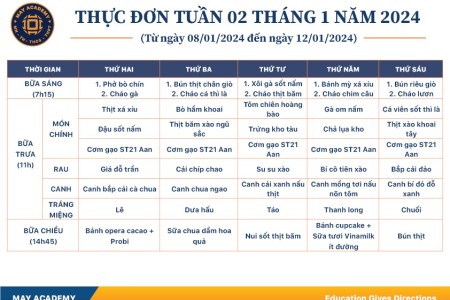 Thực đơn tuần 02 tháng 1 năm 2024