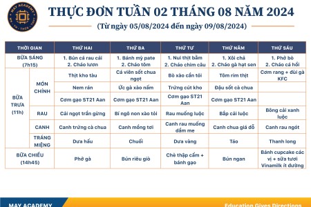 Thực đơn tuần 02 tháng 8 năm 2024