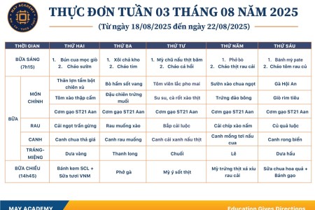 Thực đơn tuần 03 tháng 08 năm 2025