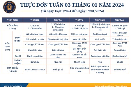 Thực đơn tuần 03 tháng 1 năm 2024