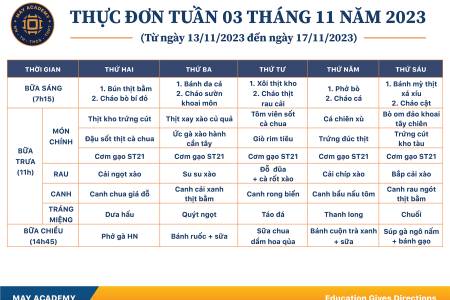 Thực đơn tuần 03 tháng 11 năm 2023