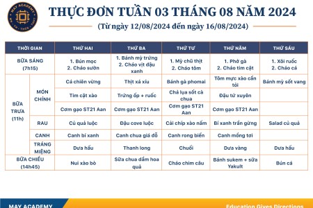 Thực đơn tuần 03 tháng 8 năm 2024